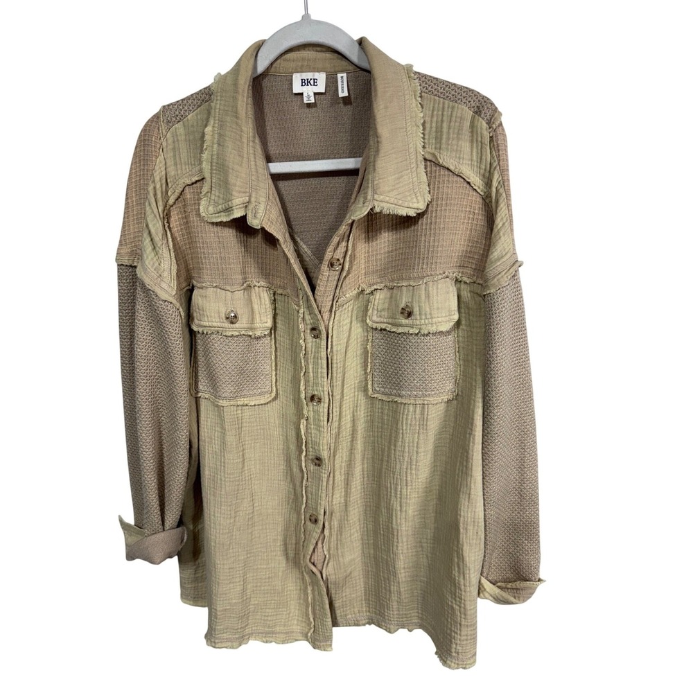 BKE Women's L Tan Button Up Shacket Boyfriend Raw Hem Mixed Media‎
